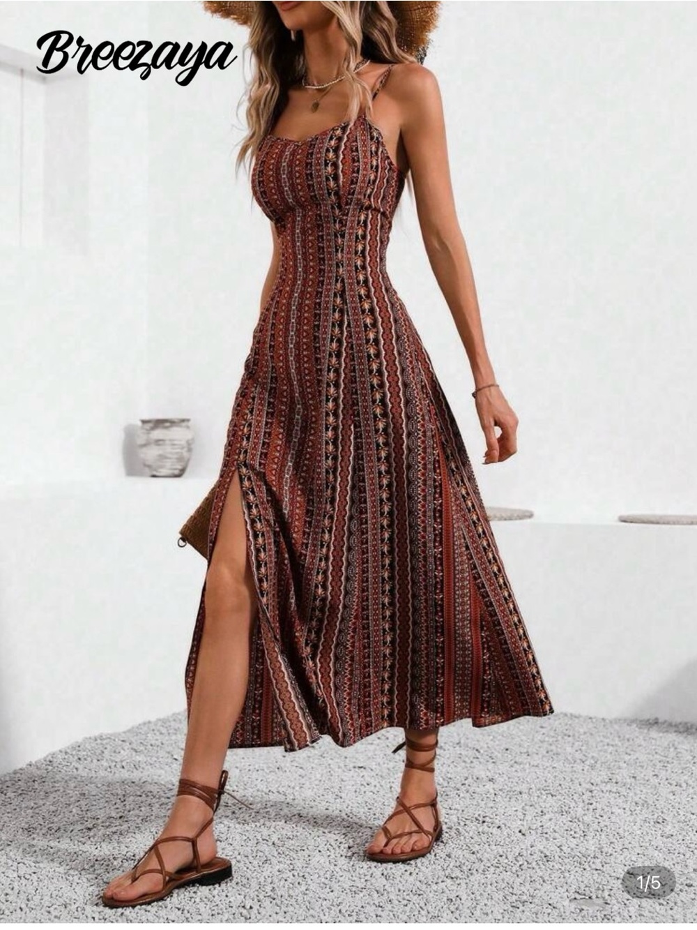 SHEIN Brown Printed Midi Dress with Side Slit